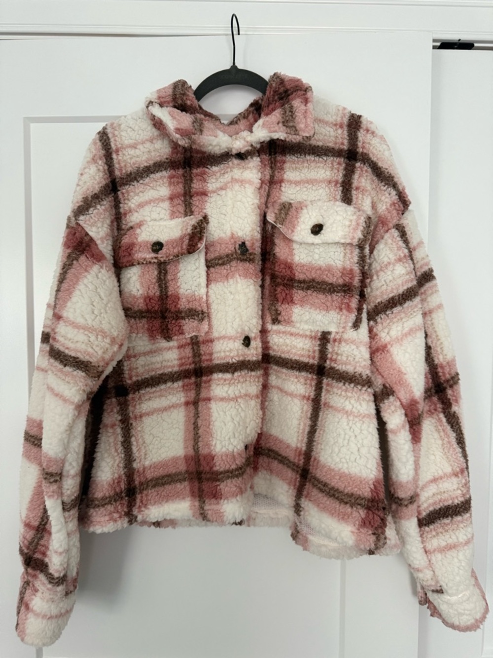 Cozy Plaid Sherpa Shacket in Cream and Dusty Rose